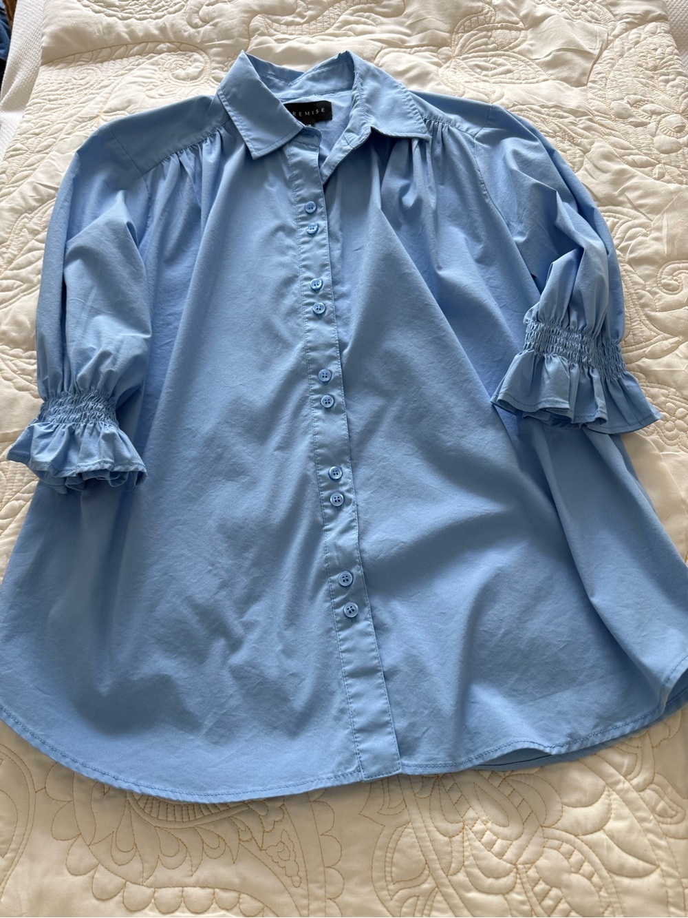 Premise Light Blue Button-Up Puff Sleeve Blouse